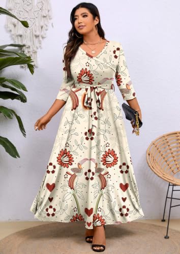 Image of Runwind Plus Size Wrap Dress for Women, Maxi A-Line Dresses with Belt | Versatile maxi for weddings church holiday parties, 3 /4 Sleeve V-neck with pcckets, soft stretchy fabric, 1X-6X