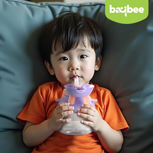 Image of Baybee Bubbly Kids Sipper Water Bottle 670ml | BPA Free & Leakproof Safe Sipper Bottle with Straw | Cute Rabbit Design Smooth Sipping with Handle & Neck Strap,Flip Lid for School Kids & Babys (Purple)