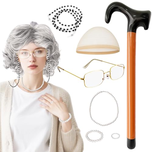 Jnnzzggu 8Pcs Old Lady Wig Set,Grey Wigs for...