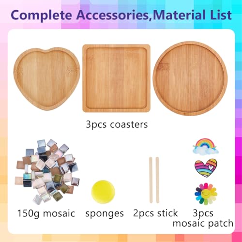 WEBEEDY 3 Set DIY Rainbow Mosaic Coaster Kit Stained Mosaic Glass Pieces DIY Glass Mosaic Tiles for Crafts Drinking Cup Coaster Decorate Your Own Heart Flower and Rainbow Design Coaster - Image 2