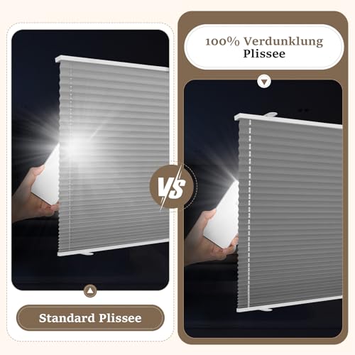 Plissee ohne Bohren Verdunkelung Klemmfix Grau 65x140cm Thermo Plissees 100% Verdunklung Rollos für Fenster & Tür Verdunklungsplissee ohne… – Ansicht 3