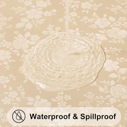 Image of Smiry Heavy Duty Vinyl Fitted Tablecloths for 8 Foot Rectangle Tables | Elastic Waterproof Fitted Tablecloths, Wipeable Washable Table Cover for Kitchen, Dining, Camping (Champagne, 30 inch x 96 inch)