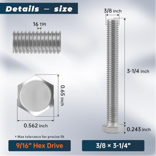 Image of 6 Sets Glvaner 3 /8-16 x 3-1 /4 inch Stainless Steel Hex Head Screws Bolts, Nuts, Flat & Lock Washers, 18-8 (304) Stainless Steel, Full Thread, Coarse Thread