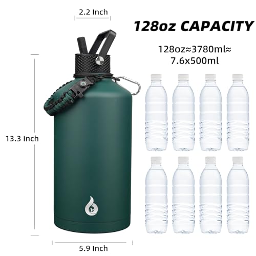 Image of BJPKPK 1 Gallon Water Bottle with Straw Lid, 128oz Large, Stainless Steel Water Bottles with 3 Lids and Paracord Strap, Double Wall Vacuum Metal Water Jug, Army Green
