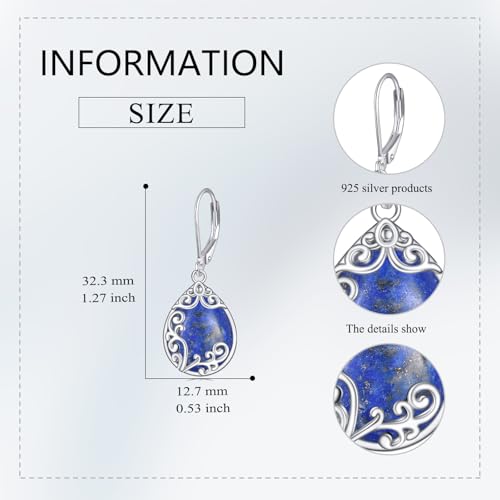 Filigree Earrings Sterling Silver Teardrop Moonstone Moss Agate Lapis Lazuli Larimar Emerald Peridot Opal Dangle Dangly Drop Leverback Earrings Boho Jewelry Gifts for Women4