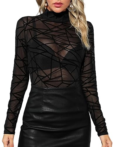 Vancavoo Body Mujer Bodysuit Lencería de Mangas Largas Elegante Jumpsuit de Negro Cuello Redondo Bodis de Encaje Ropa Interior de Mono con Bragas(B-Negro,M)