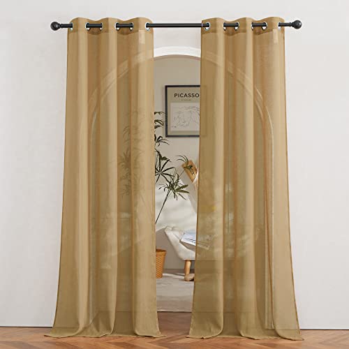 NICETOWN Sheer Linen Curtains Flax Texture 84 inch Length, Grommet Semi Sheer Window Treatments Privacy with Light Filtering Drapes for Bedroom/Living Room, Camel, W36 x L84, 2 Panels