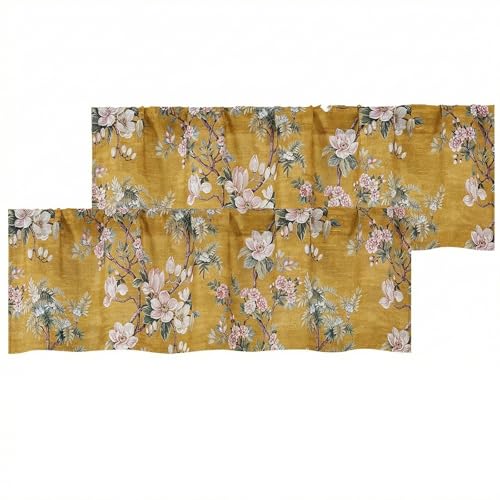 AAiyufeng Floral Kitchen Curtains valances for Windows, Elegant Decorative Flower Pattern Breathable Soft Rod Pocket Privacy Light Filtering for Bedroom Cafe 2 Panels Set, W52 x L14 Inch, Gold