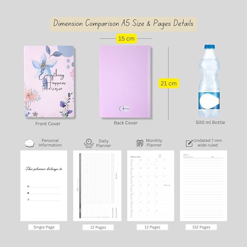 Image of Motivational Floral A5 Notebook Diary for Women & Students | Softbound Laminated Cover | Monthly Planner + Daily Planner | 21 x 15 cm Ruled Journal | Inspirational Quote Cover
