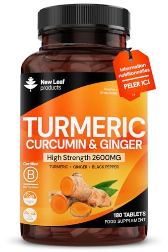 Turmeric Tablets with Black Pepper & Ginger - Curcumin - 180 Turmeric and Black Pepper Tablets (3 Month) High Strength Active Turmeric Supplements Not Capsules, by New Leaf