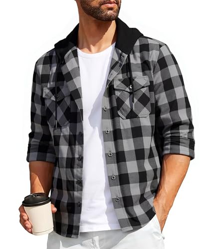 SwissWell Camisa a Cuadros Hombre Camisa de Franela para Hombre Sudaderas de Leñador de Manga Larga Exteriore Camisa Casual con Capucha Gris Oscuro L