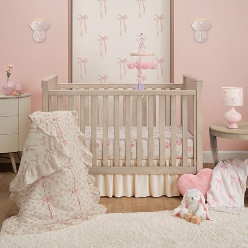 Image of Lambs & Ivy Coquette Floral Pink Bows Aesthetic 3-Piece Baby Crib Bedding Set