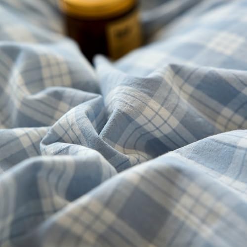 Image of EAVD Vintage Style Blue&White Plaid Gingham Duvet Cover Full Soft 100% Washed Cotton Chic Grid Checkered Bedding Set with 2 Pillowcases Farmhouse Blue Plaid Duvet Cover with Zipper Closure
