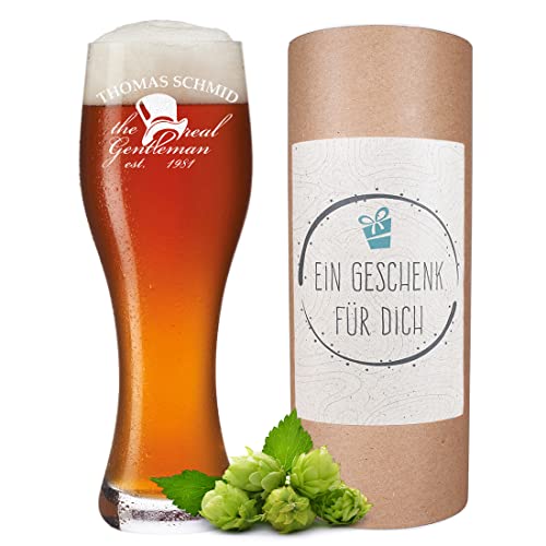 polar-effekt Bierglas mit Gravur 0,5 Liter - Weizenbierglas Weißbier Glas Personalisiert Vatertag - Geburtstagsgeschenk für Männer - Motiv Real Gentleman Zylinder