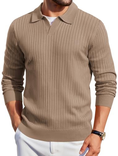 COOFANDY Polo for Men Knit Long Sleeve Polos Sweater Casual V-Neck Slim Fit Fall Fashion Sweater Khaki