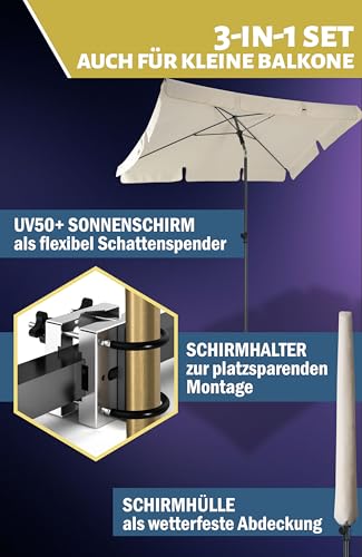 Menz Sonnenschirm Balkon - 3-IN-1 SET - UV50+ Sonnenschirm rechteckig 200x125 cm + Sonnenschirmhalter Balkongeländer + Sonnenschirmhülle - Sonnenschutz Balkon, Beige 6