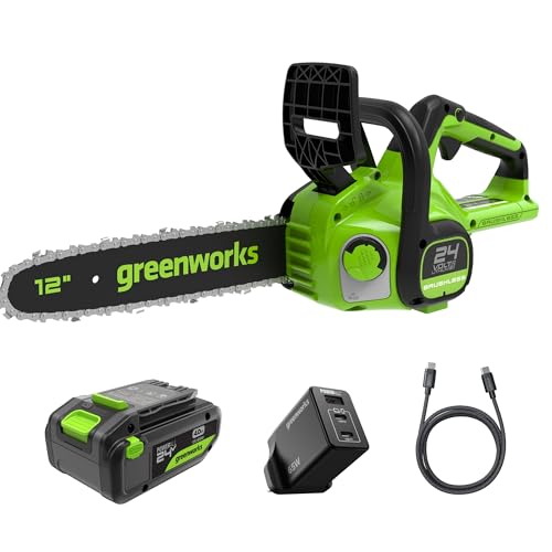 Greenworks GD24CS30K4 Motosierra a Batería, Motor sin Escobillas, Barra de 30 cm, Velocidad de Cadena 7,8 m/s, Autoengrasado, Protección de Retroceso, Batería de 24V 4Ah, Cargador, Garantía de 3 Años