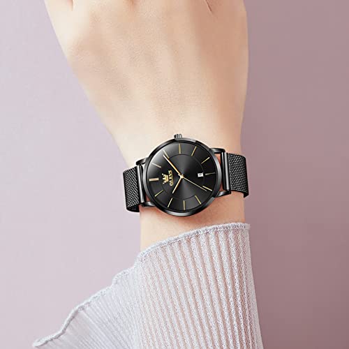 OLEVS Ladies Watch Black Faced Stainless Steel Mesh Strap Ultra Thin Waterproof Japanese Quartz Dress Date Women Wrist Watch - Image 7