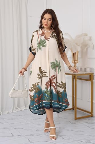 OSTOO Plus Size Women's Floral Print V-Neck Short Sleeve Maxi Dress with Pockets Casual Tropical A-Line Dresses4