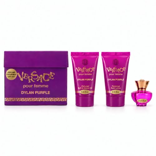 Versace Dylan Purple for Women 3 Piece Set Includes: 0.17 oz Eau de Parfum + 0.8 oz Perfumed Bath Shower Gel + 0.8 oz Perfumed Body Lotion