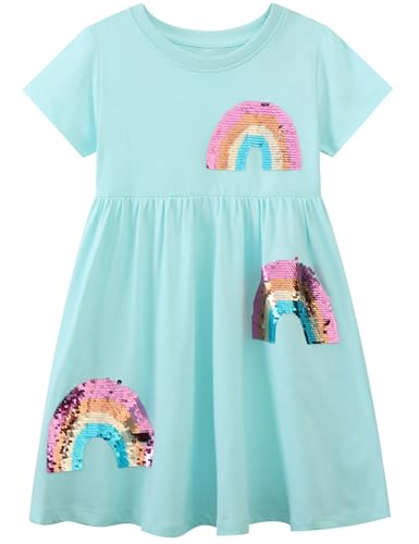 FreeLu Girls Cartoon Appliques Dress Cotton Summer Short Sleeve Dresses Casual Jersey Skirt