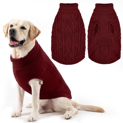 Image of PUPTECK Dog Sweater, Turtleneck Warm Knitted Pullover Coat, Thick Cable Knitwear Clothes in Winter, Pet Apparel Outfits for Large Dogs, for Cold Weather Indoor & Outdoor, Deep Red ML