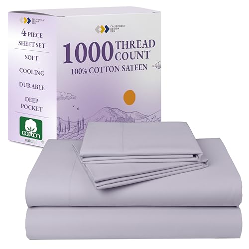 California Design Den Queen Sheet Set - Luxury 1000 Thread Count Sateen, Thick and Natural 100% Cotton Sheets, Deep Pockets, Cool and Durable Bedding Set - Lavender Grey