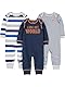 Simple Joys by Carter’s Baby-Jungen 3-Pack Jumpsuits Spieler, Grau Meliert Rugby-Streifen/Marineblau Textaufdruck/Weiß Streifen, 0 Monate (3er Pack)