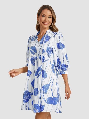 Image of EZAPINE Women Floral Babydoll Mini Dress V Neck 3 /4 Puff Sleeves A Line Flowy Swing Summer Sun Dresses