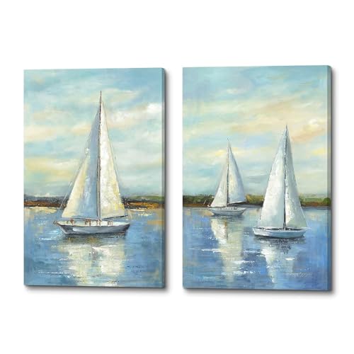 2 Piece Sailboat Canvas Wall Art: Ocean Nautical Picture Coastal landscape Print Blue Abstract boat Artwork for living room Bathroom Bedroom