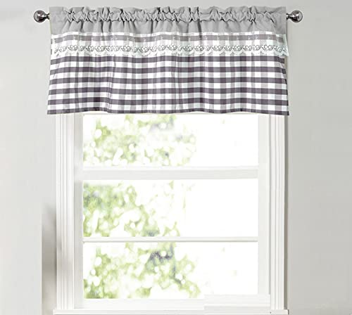 A.Monamour Rideau de Cuisine Court pour Petit Fenêtre Rural Vichy à Carreaux Gris avec Dentelle Blanche Opaque Rideau Brise-bise Rideaux à étages Rideaux...