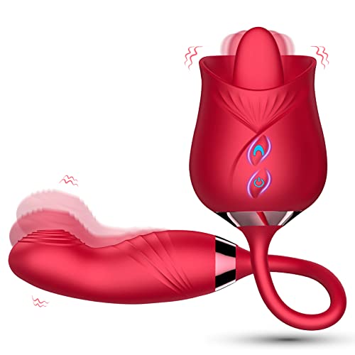 Rose Sex Stimulator for Women, Tongue Licking Vibrator Clitoral Nipple Stimulator with G Spot Dildo, Adult Sex Toys Games for 10 Modes, Rose Toy for Woman Man Couple