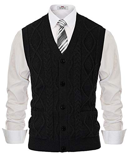 Men's Cable Knit Sweater Vest Winter V-Neck Cardigan Vest With Pockets Black Xl #TOP22
