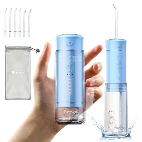Bezvoi Water Flosser Cordless Travel, Mini Oral Irrigator with Telescopic Water Tank, 5 Modes, 6 Jet Tips, IPX7 Waterproof Electric Portable Water Teeth Cleaner for Braces Bridges Care