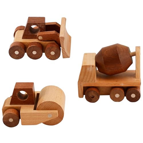 MONT PLEASANT Wooden Construction Vehicle Toy Set of 3, Toddler Montessori Toys Cement Truck Bulldozer Steam Roller Toy Car with Rolling Wheels, Kid Construction Toys Educational Gift for Boys & Girls