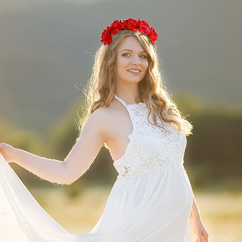 Supoo Red Flower Headbands For Women Wedding Rose Mexican Flower Crown Floral Headpiece Halloween Fairy Crown Day Of The Dead Flower Wreath For Renaissance Festival Maternity thumb #1