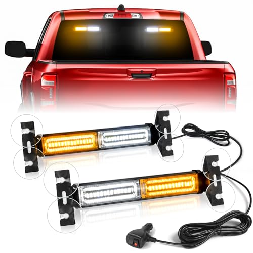 HLauto 1002L Emergency Strobe Traffic Advisor Light Bar: 40 LED Dash Safety Warning Flashing Light, Front/Rear Windshield Visor for Construction Vehicle, Tow/Plow Truck (2×10.7inch, Amber White)