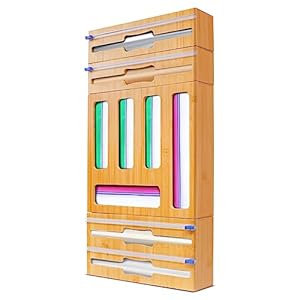 9-in-1 Bamboo Kitchen Drawer Organizer: Plastic Wrap Dispenser with Cutter & Ziplock Bag Storage for Gallon, Quart, Sandwich, Snack Sizes (Natural, 3.5” High)