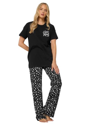 Image of Long Tall Sally - Lts Tall Black 'Cosmic Dreaming' Slogan Cotton Wide Leg Pyjama Set - Women's