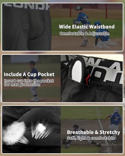 2-Pack Youth Compression Shorts w/Cup Pocket, Boys Protector Sliding Underwear for Baseball & Football2