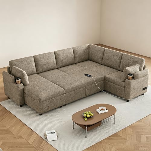 Image of ERYE 110-Inch U-Shaped Left Facing Sleeper Sectional Sofa Chenille Upholstered Corner Convertible Pull Out Sleeper Sofabed with Cupholders,Armrests Storage and USB Ports