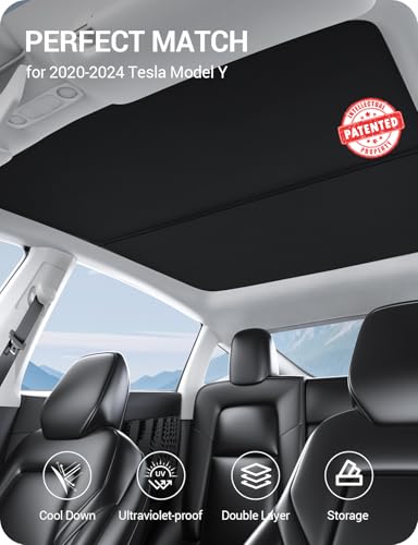 Image of BASENOR 2024-2020 Tesla Model Y Sunshade Roof, [Nano Ice-Crystal Coatings] Heat Insulation Glass Roof Shade, Top Window Retractable Sun Protection, Sunroof Blocking Cover Black