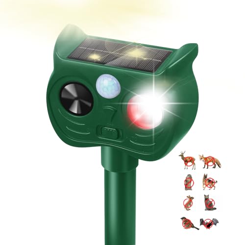 Solar Ultrasonic Animal Repellent Outdoor Motion Sensor Deer Repellent Devices Squirrel Cat Raccoon Rabbit Deterrent with Strobe Light Dual Mode Keep Skunk Away Protection for Yard Garden Lawn 1PC