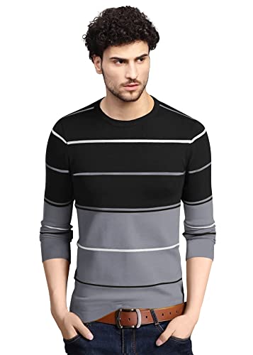 Image of EYEBOGLER Noble Monk Men's Striped Regular Fit T-Shirt (T305 Grey-Black-White XL)