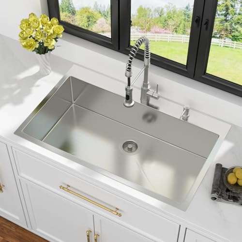 Image of Kichae 36 Drop In Kitchen Sink - Stainless Steel Sinks 36 x 22 Inch Topmount Overmount Single Bowl Handmade Basin with Accessories