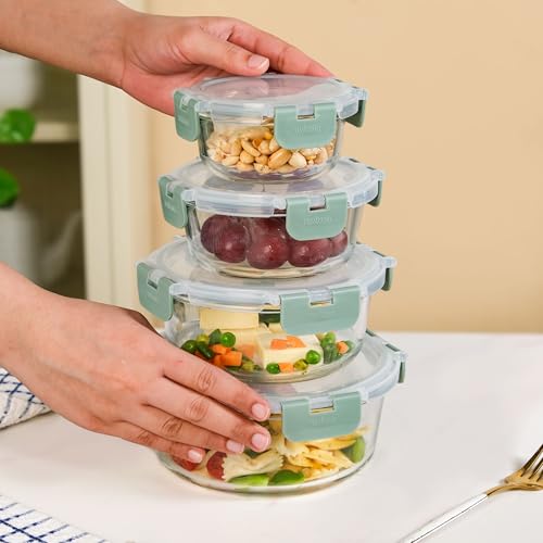 Image of Nestasia Nestro Airtight Glass Containers with Lid Set of 4 (215ml, 400ml, 600ml, 950ml) | Spill Proof Round Glass Containers with Break Free Lock - Microwave, Dishwasher & Freezer Safe (Green)