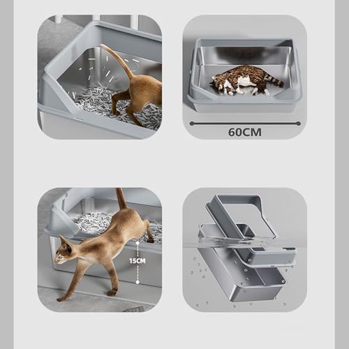 Caixa de Areia para Gatos de Aço Inoxidável, Caixa de Areia para Gatos Grandes e Resistentes, Fácil