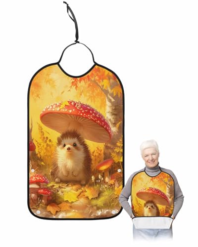 Fall Forest Mushroom Adult Bib for Adults Men, Women, Autumn Orange Maple Leaf Animal Washable & Adjustable Terry Cloth Bib with Crumb Catcher Reusable Waterproof Clothing Clothes Protector Apron