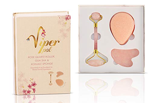 Rose Quartz Facial Roller Guasha Tool & Konjac Sponge | 100% Real Jade Roller Massage Tool | Anti Aging Skin Care Tools, Durable Premium | Remove Wrinkles 3 in 1 Set Beauty Ebook SALE STOCK MUST GO