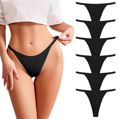 Risipu 6 Pack Seamless G-String Thongs for Women Breathable Underwear Low Rise T-back Panties Comfortable Stretch Sexy (UK Alpha S Regular Regular Black)